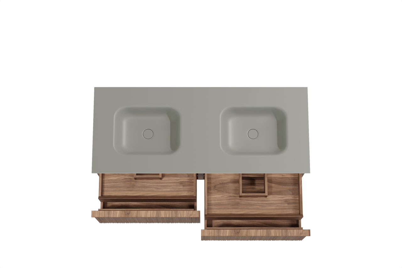 Balmani Forma hängendes Möbelstück Set: 135 x 55 cm, Amerikanischer Nussbaum, mit Tablo Arcato Doppelwaschtisch, Solid Surface, Steingrau, Vertikale asymmetrische Runde Rippe