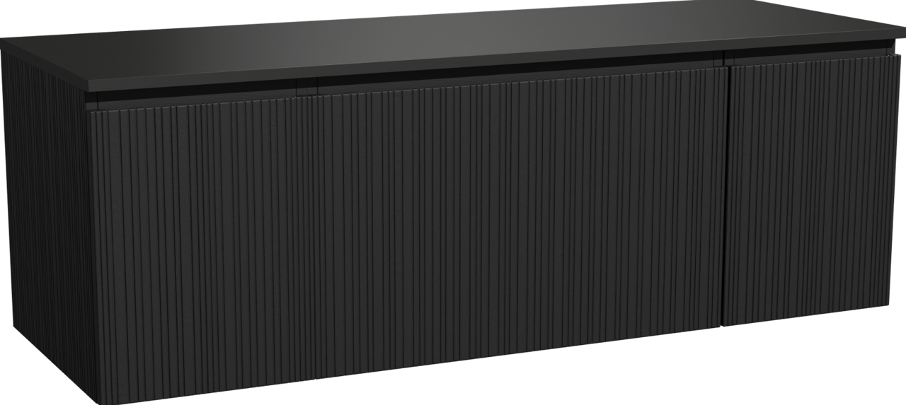 Storke Ribs zwevend badmeubel 145 x 52 cm zwart eiken met Panton enkel of dubbel wastafelblad in gepoedercoate mdf mat zwart, Verticale asymmetrische rechte ribbel