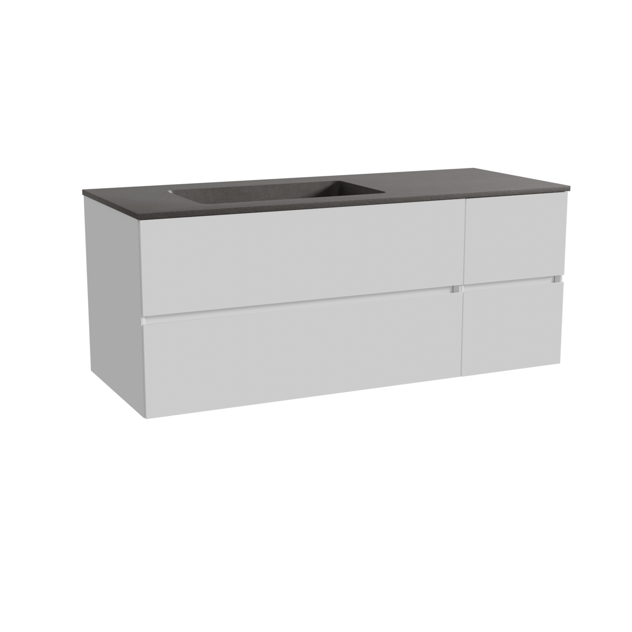 Storke Edge meuble salle de bains suspendu 130 x 52 cm blanc brillant avec Scuro plan vasque asymétrique à gauche en quartz noir mat