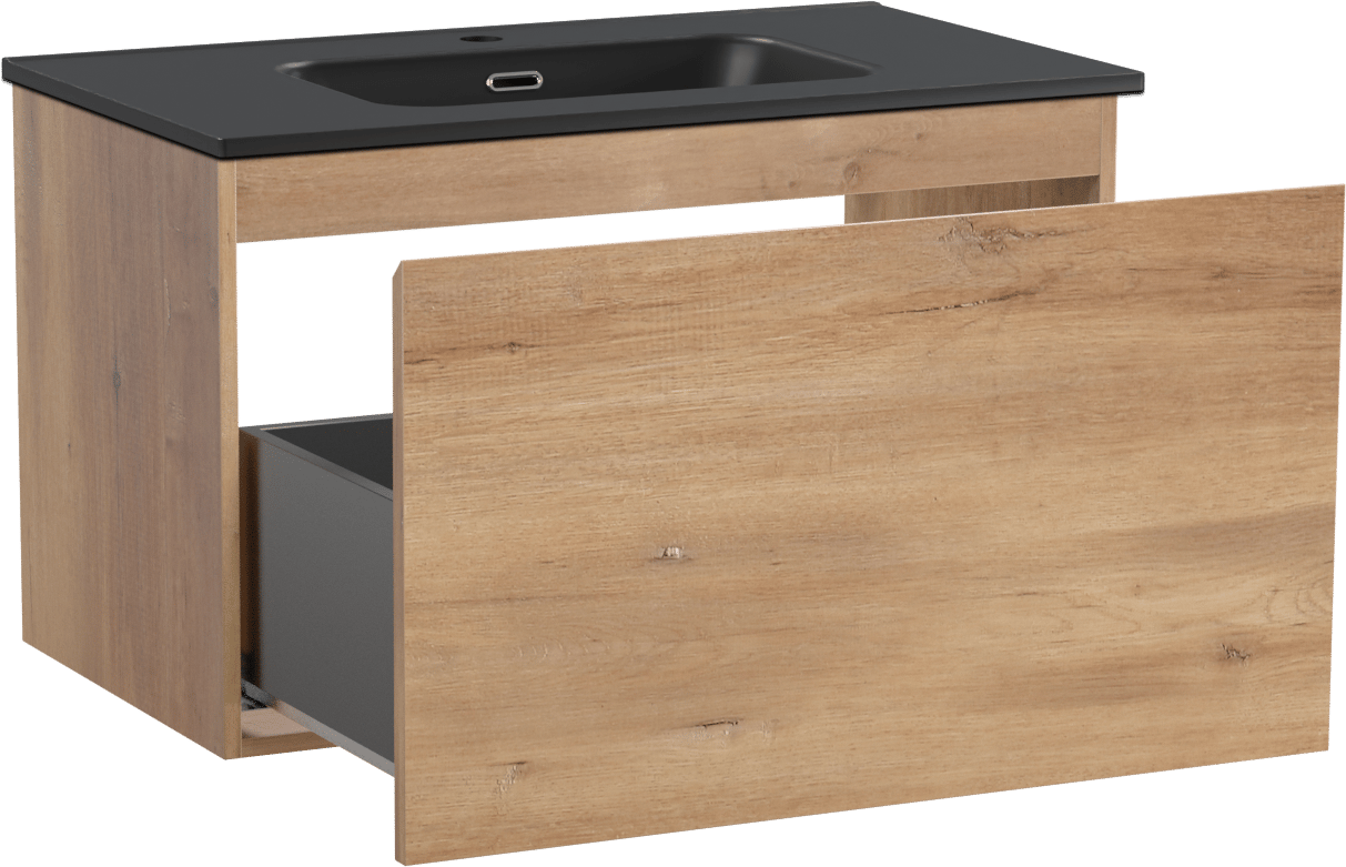 Linie Lado zwevend badmeubel 80 x 46 cm naturel eiken met Baro enkele wastafel in porselein mat zwart