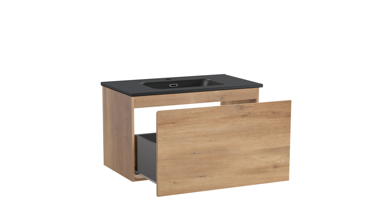 Linie Lado meuble salle de bains suspendu 80 x 46 cm chêne naturel avec Baro plan simple en porcelaine noir mat