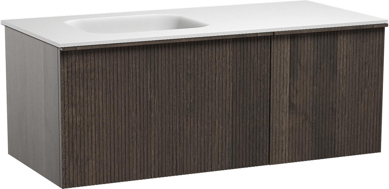 Balmani Forma hängendes Möbelstück Set: 120 x 55 cm, Geräucherte Eiche, mit Tablo Arcato Waschtisch links, Solid Surface, Weiß matt, Vertikale symmetrische gerade Rippe