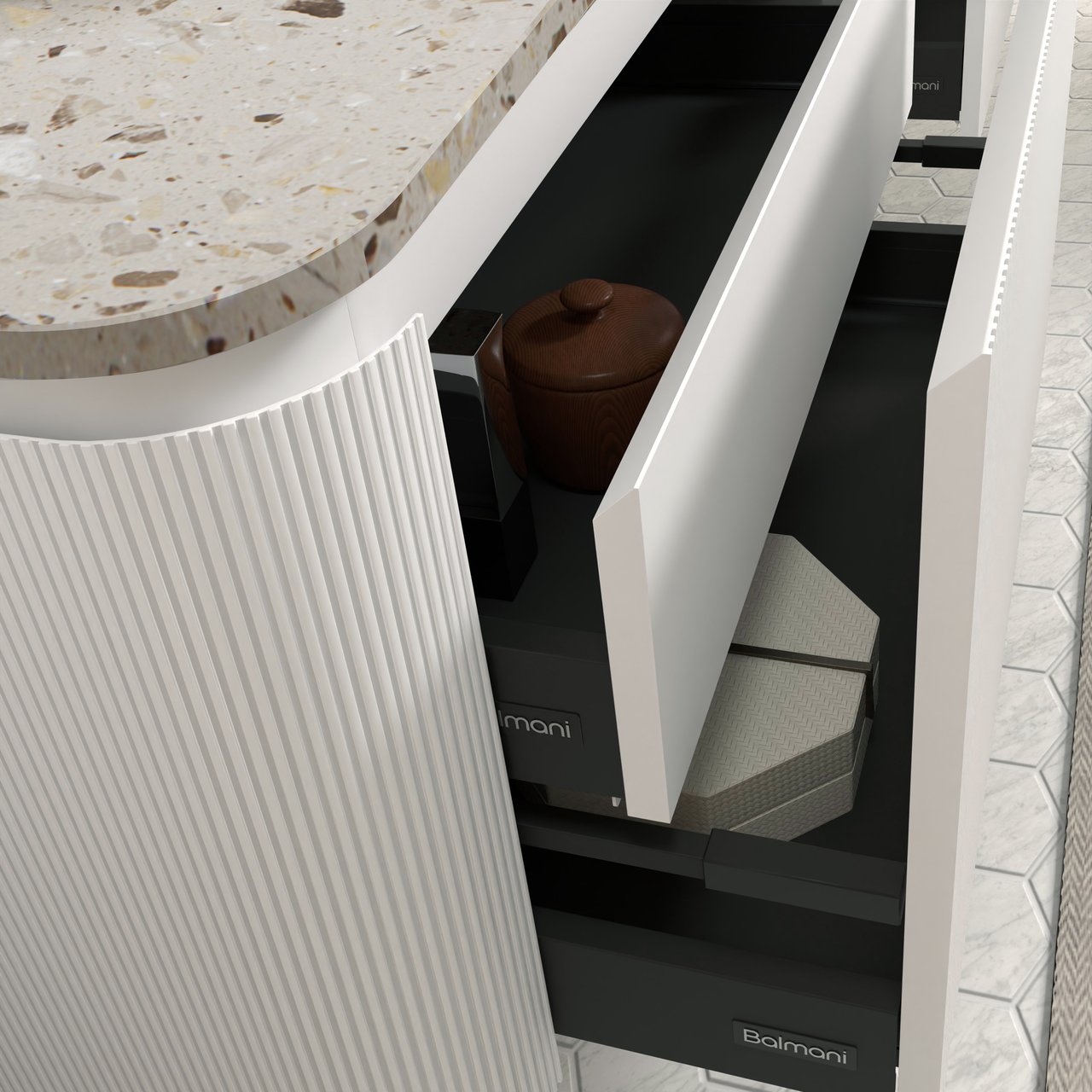 Balmani Moon meuble salle de bains suspendu 100 x 55 cm blanc mat avec Moon tablette simple en terrazzo greige terrazzo, Nervure droite symétrique verticale