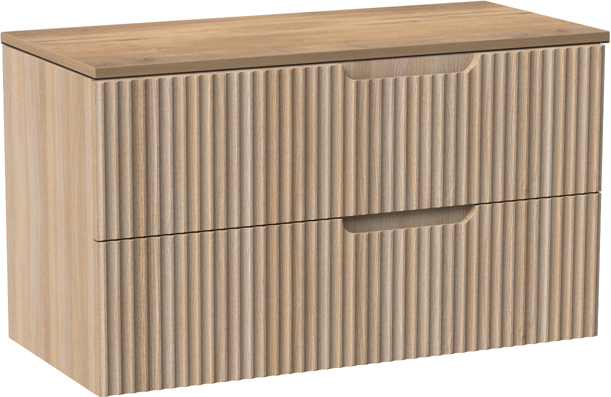Linie Ribbo meuble salle de bains suspendu 100 x 46 cm chêne clair avec Lado tablette simple ou double en mélaminé chêne naturel, Nervure circulaire symétrique verticale