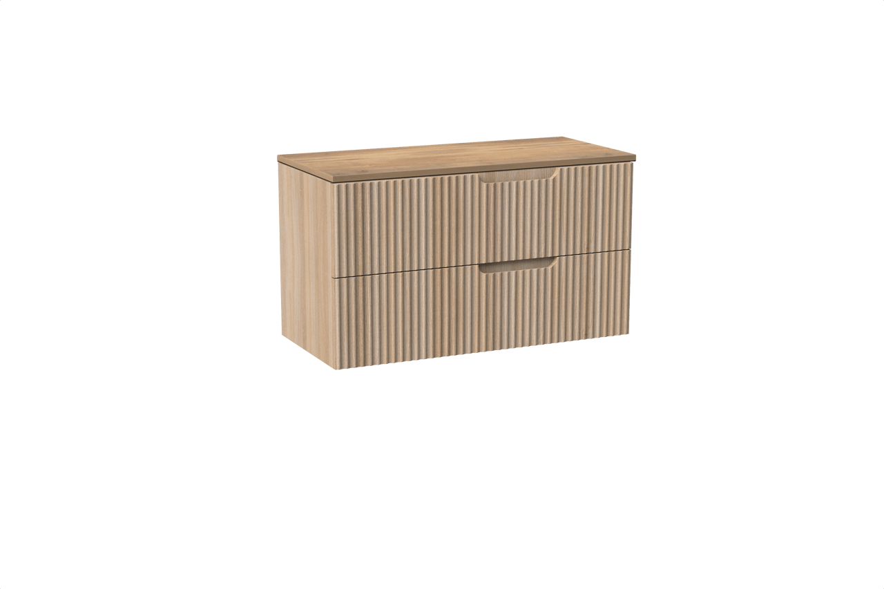 Linie Ribbo meuble salle de bains suspendu 100 x 46 cm chêne clair avec Lado tablette simple ou double en mélaminé chêne naturel, Nervure circulaire symétrique verticale