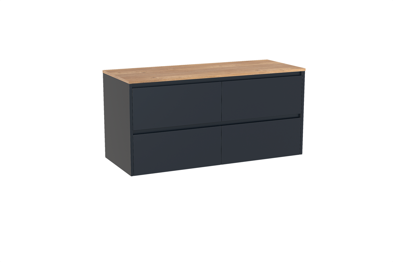 Storke Seda zwevend badkamermeubel 130 x 52 cm nachtblauw met Panton enkel of dubbel tablet in melamine ruwe eik