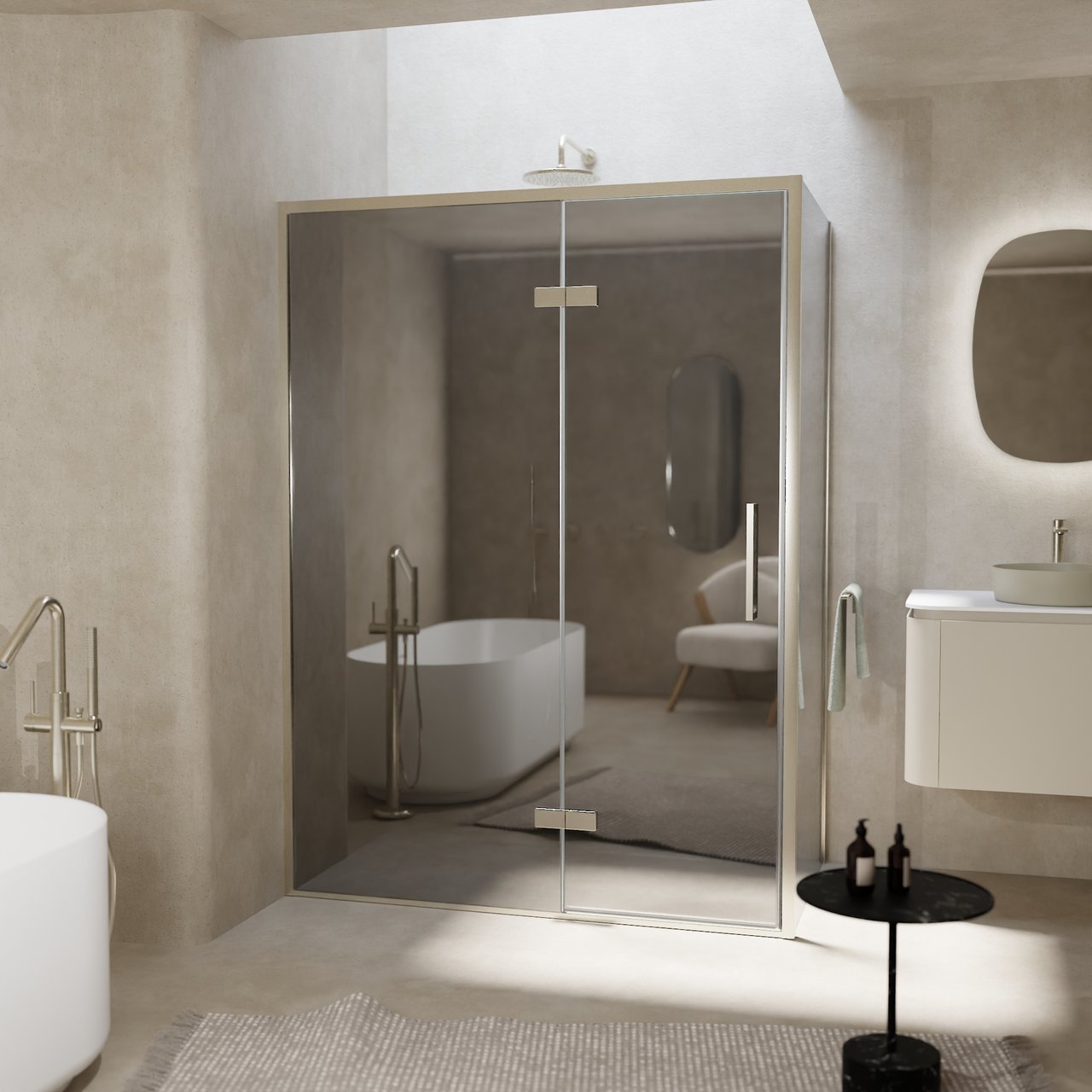 Balmani Senses Design douche en coin avec porte pivotante à gauche et paroi latérale fixe, 140 x 100 cm, Miroir Reflex, Profil Brushed CoolMetal