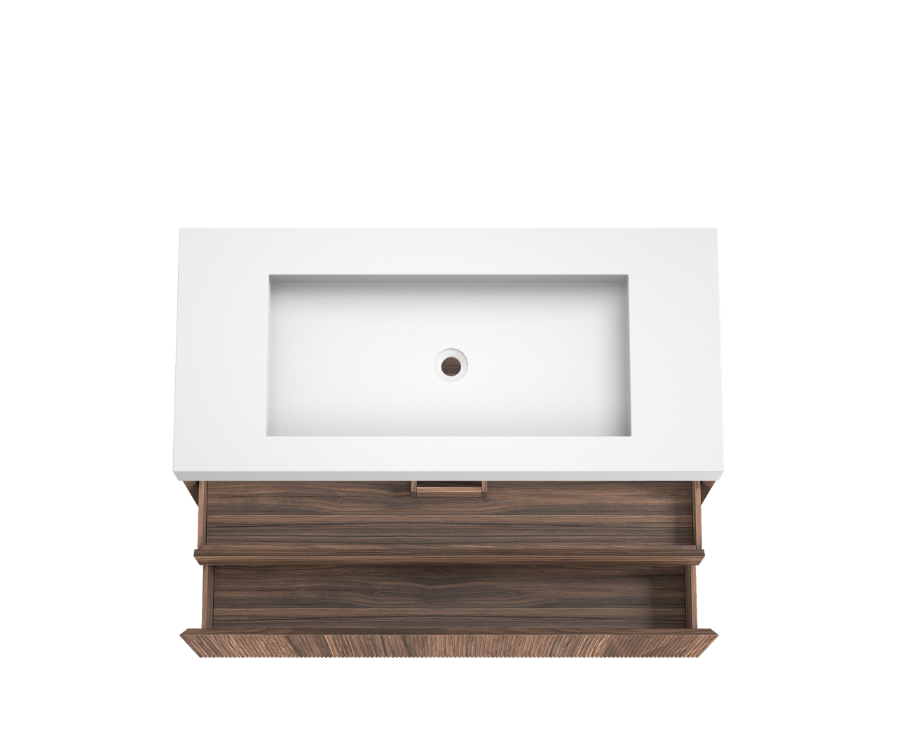 Balmani Fila hängendes Möbelstück Set: 120 x 55 cm, Nussbaum, mit Modus Einzelwaschtisch für 2 Armaturenlöcher, Solid Surface, Weiß matt, Vertikale symmetrische gerade Rippe