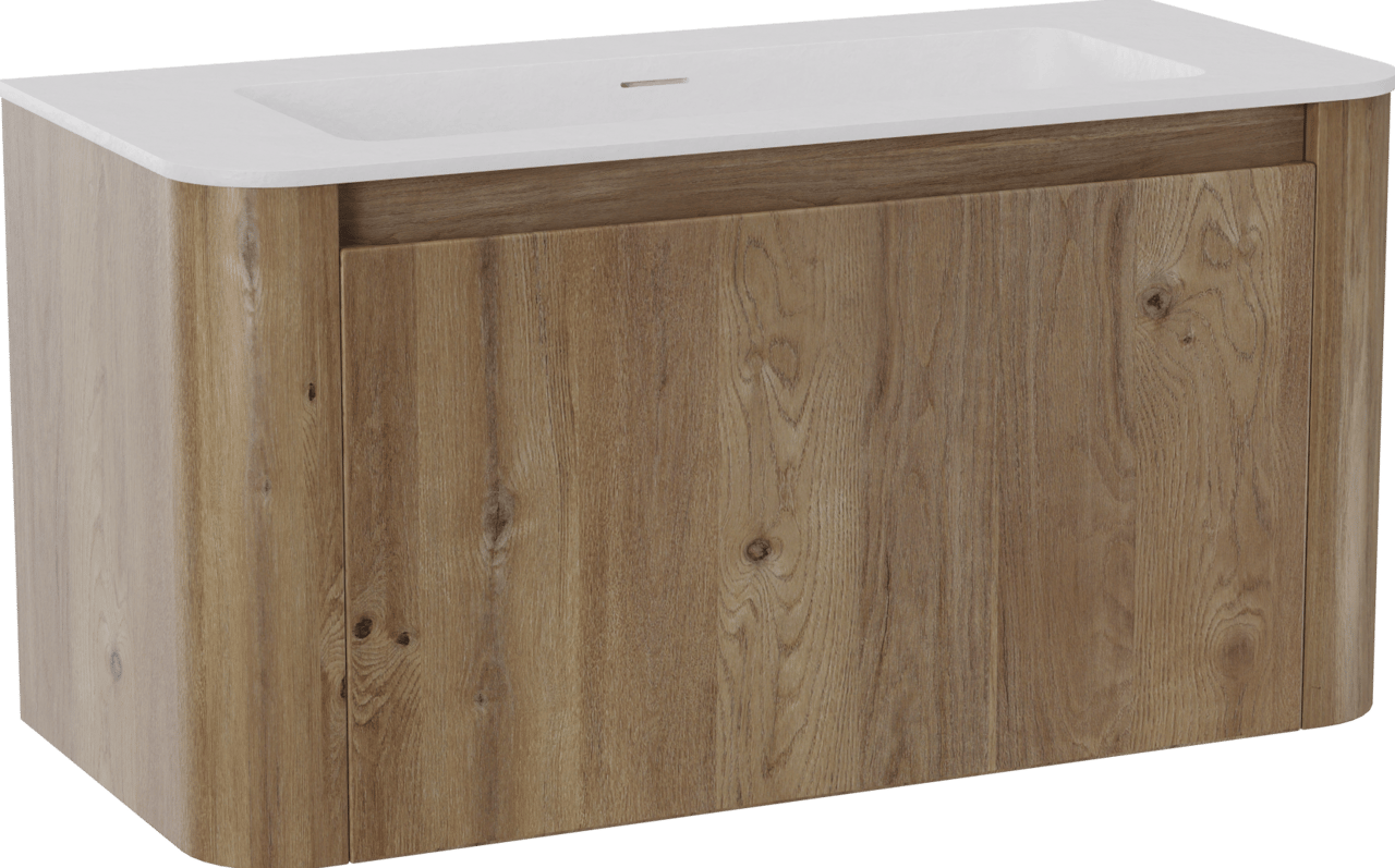 Storke Soft zwevend badmeubel 100 x 46 cm ruw eiken met Mata Soft enkele wastafel in solid surface mat wit