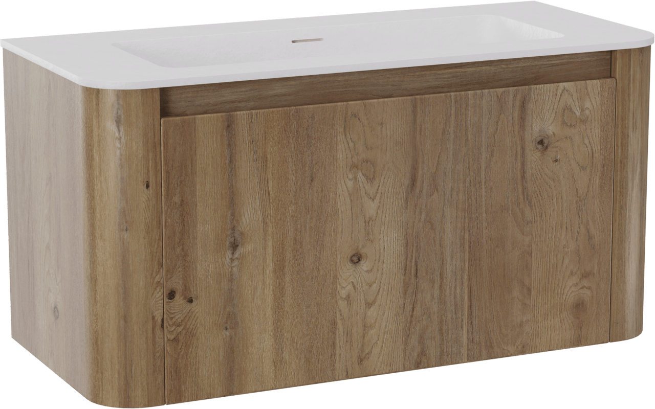 Storke Soft zwevend badkamermeubel 100 x 46 cm ruwe eik met Mata Soft enkele wastafel in solid surface mat wit