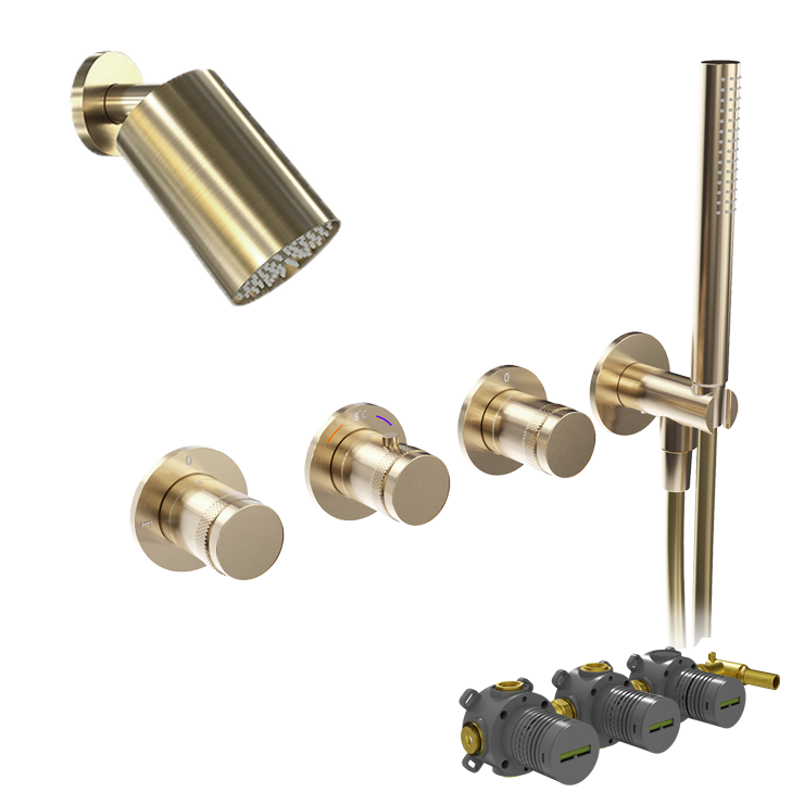 Blaufoss Pavilion Duschsystem: Unterputz, inkl. Thermostat-Duscharmatur, inkl. Duschkopf, 14 x 9 cm, Brushed Champagne Gold