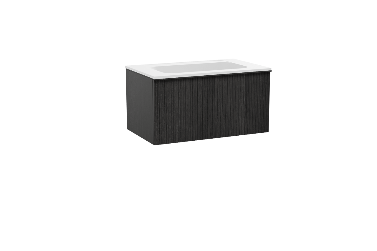 Balmani Forma meuble salle de bains suspendu 90 x 55 cm chêne noir avec Tablo Strada plan simple en marbre composite blanc mat, Nervure droite symétrique verticale