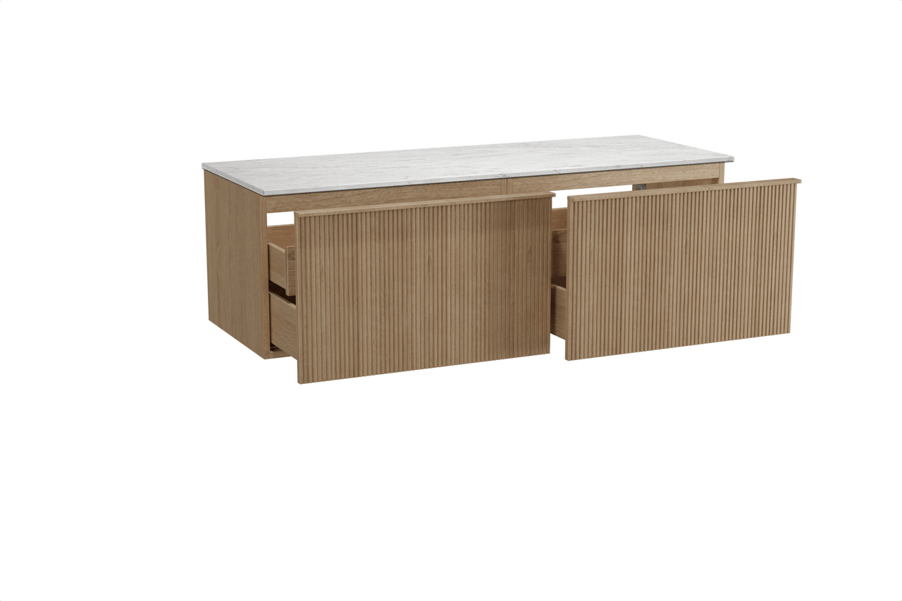 Balmani Forma zwevend badkamermeubel 150 x 55 cm natuur eik met Stretto enkel of dubbel tablet in marmer carrara, Verticale symmetrische rechte ribbel