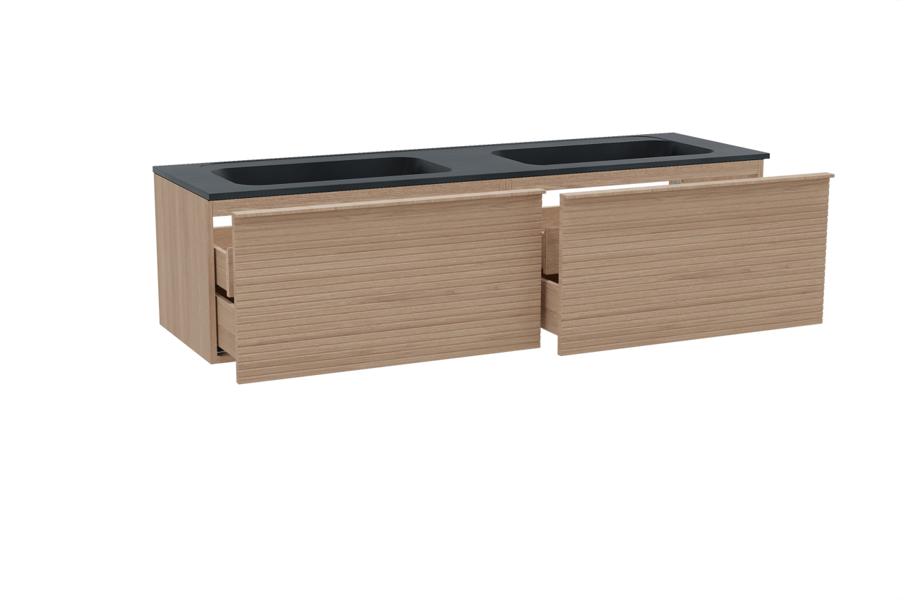 Balmani Forma meuble salle de bains suspendu 180 x 55 cm chêne naturel avec Tablo Strada double vasque en marbre composite noir mat, Nervure droite symétrique horizontale