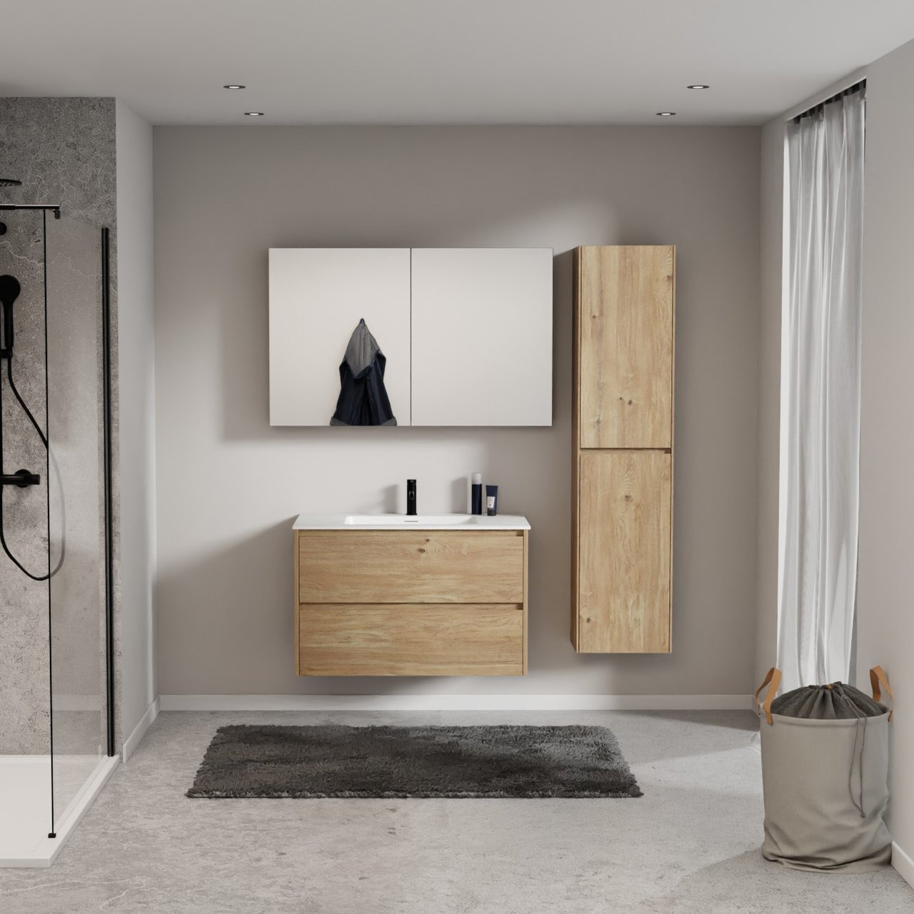 Storke Seda zwevend badmeubel 95 x 52 cm ruw eiken met Mata enkele wastafel in solid surface mat wit