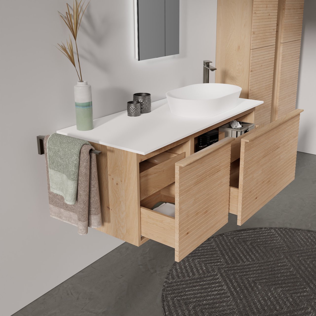 Balmani Forma zwevend badmeubel 120 x 55 cm naturel eiken met Stretto enkel of dubbel wastafelblad in solid surface mat wit, Horizontale symmetrische rechte ribbel