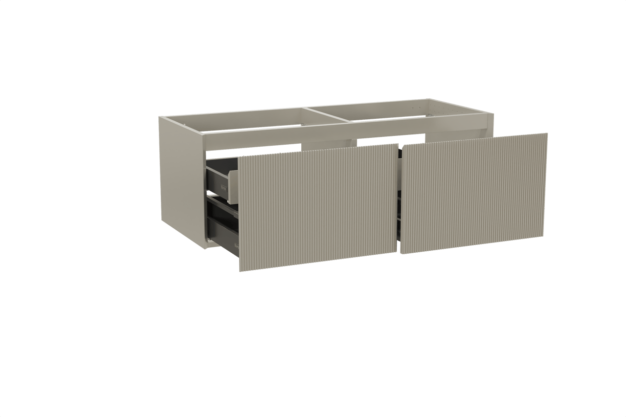 Balmani Fila hängendes Möbelstück Set: 135 x 55 cm, Steingrau, mit Tablo Arcato Doppelwaschtisch, Solid Surface, Steingrau, Vertikale symmetrische gerade Rippe