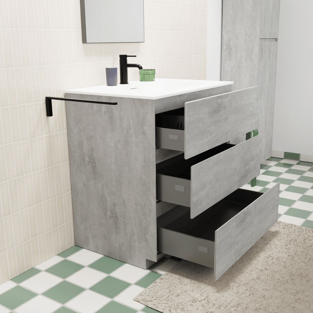 Storke Edge staand badmeubel 75 x 52 cm beton donkergrijs met Mata enkele wastafel in solid surface mat wit