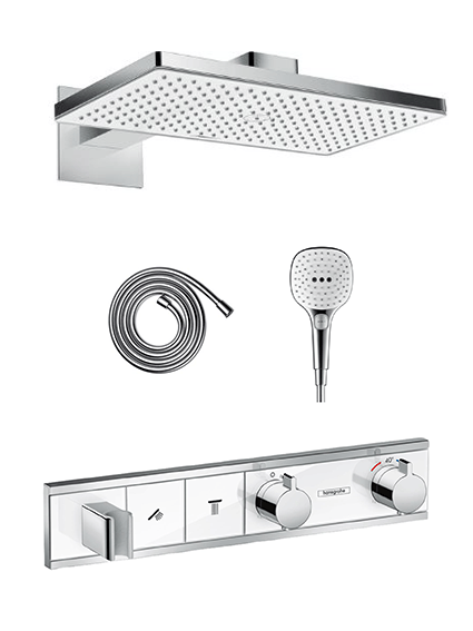 Hansgrohe Rainselect colonne de douche encastrée robinet thermostatique avec douche de tête rectangulaire 46 x 27 cm Chrome et Blanc Brillants