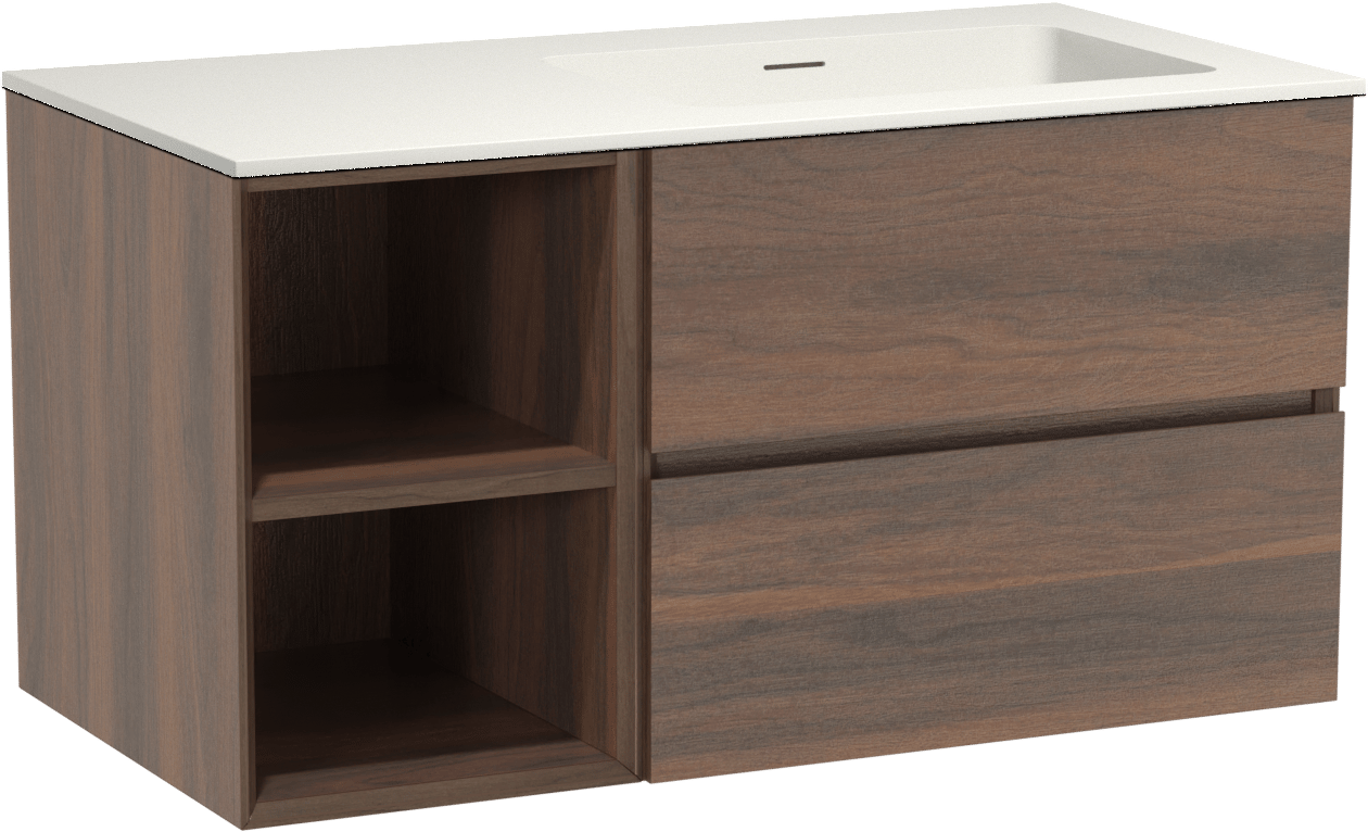 Storke Edge zwevend badmeubel 100 x 52 cm notenhout met Mata asymmetrisch rechtse wastafel in solid surface mat wit