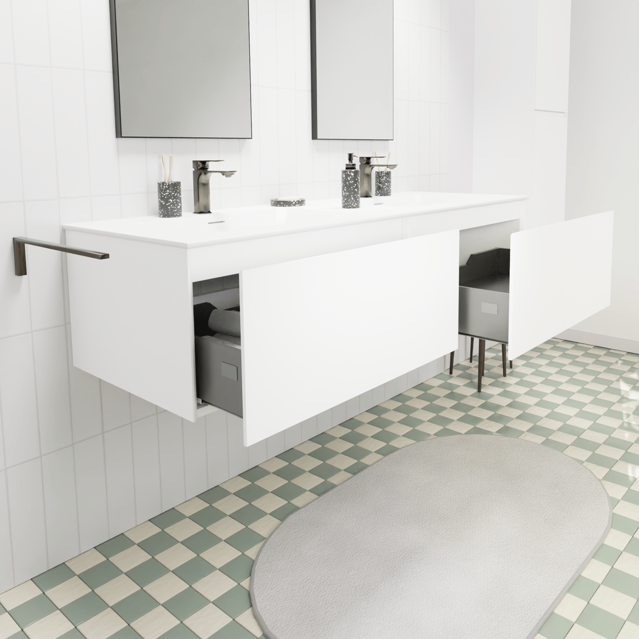 Storke Edge hängendes Möbelstück Set: 150 x 52 cm, Weiß matt, mit Mata Doppelwaschtisch, Solid Surface Weiß matt