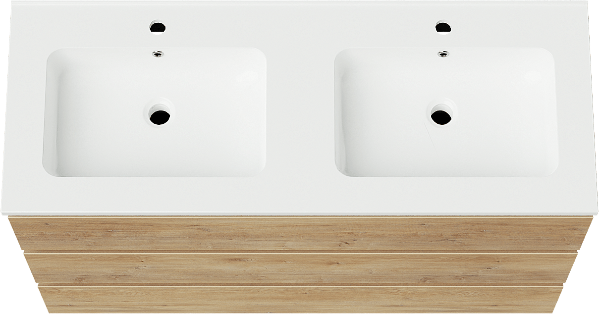 Linie Lado freistehendes Möbelstück Set: 120 x 46 cm, Naturbelassene Eiche, mit Vano Doppelwaschtisch, Marmorkomposit Weiß glänzend