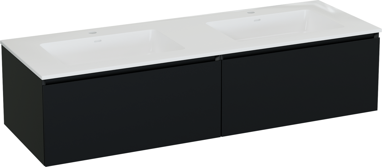 Storke Edge meuble salle de bains suspendu 150 x 52 cm noir mat avec Bilia double vasque en marbre composite blanc brillant