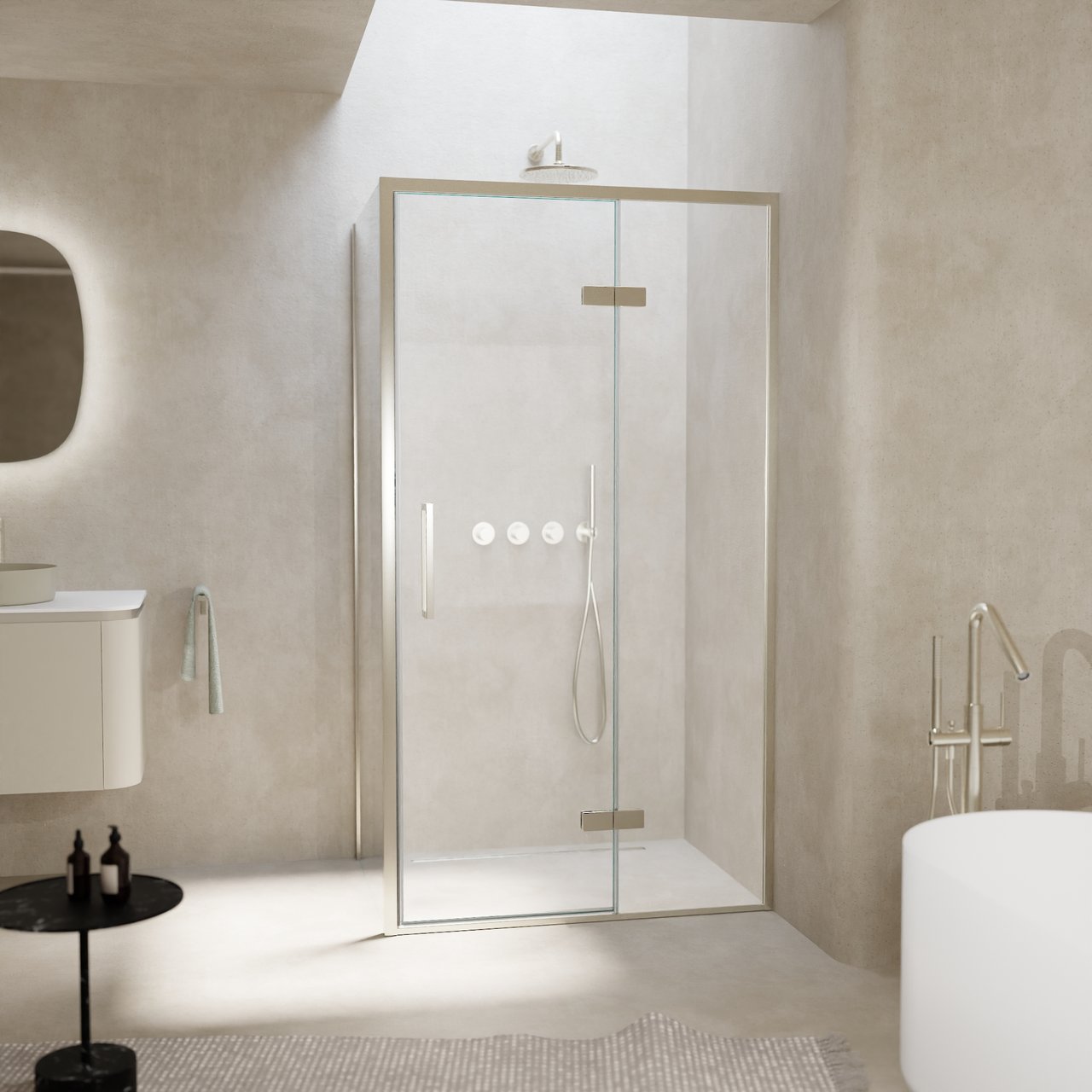 Balmani Senses Design douche d'angle avec porte pivotante à droite et paroi latérale fixe, 100 x 100 cm, Verre transparent, Profil Brushed CoolMetal