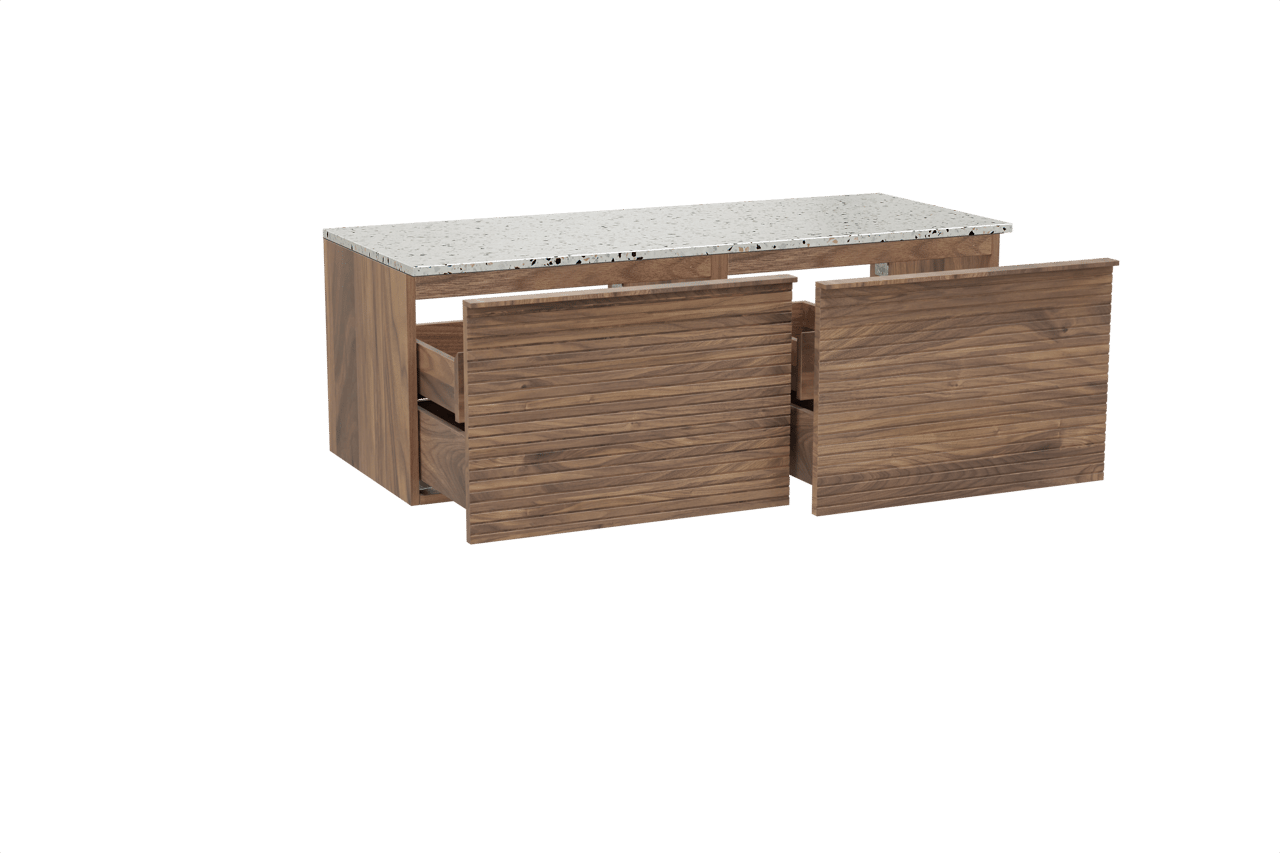 Balmani Forma zwevend badmeubel 135 x 55 cm amerikaans notenhout met Stretto enkel of dubbel wastafelblad in mat wit/zwart terrazzo, Horizontale symmetrische rechte ribbel