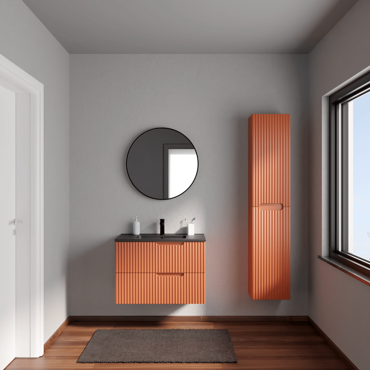 Linie Ribbo zwevend badmeubel 80 x 46 cm cotto met Vano enkele wastafel in composietmarmer mat zwart, Verticale symmetrische ronde ribbel