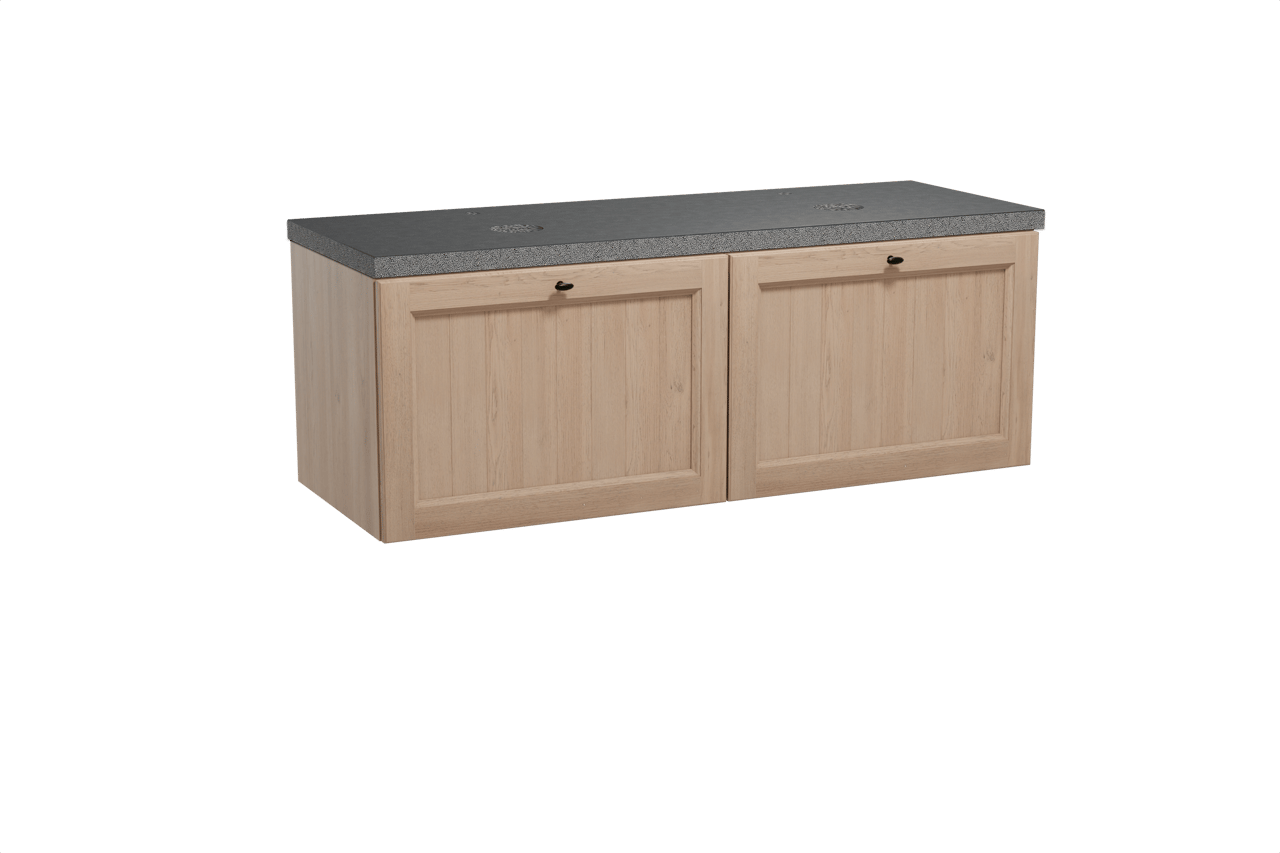 Balmani Lemon hängendes Möbelstück Set: 150 x 55 cm, Verwitterte Eiche, mit Rock Doppel Waschtischplatte, Schwarzes Granit