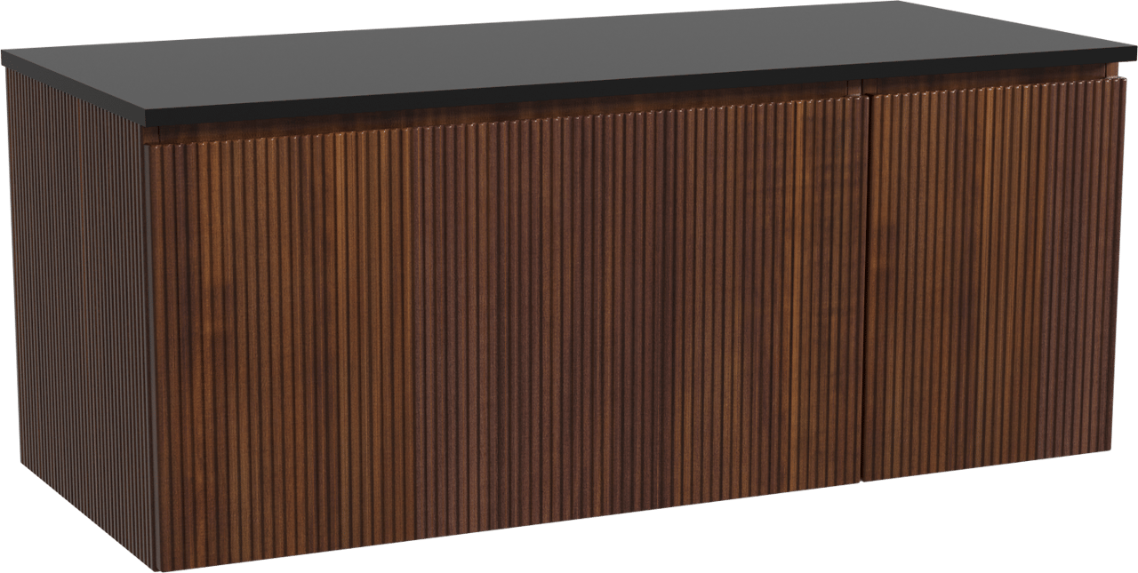 Storke Ribs zwevend badmeubel 120 x 52 cm notenhout met Panton enkel of dubbel wastafelblad in gepoedercoate mdf mat zwart, Verticale symmetrische rechte ribbel