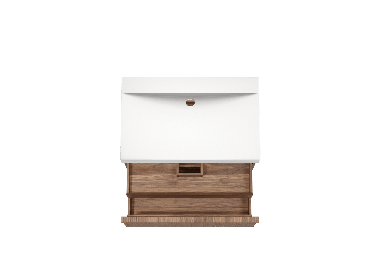 Balmani Forma hängendes Möbelstück Set: 90 x 55 cm, Amerikanischer Nussbaum, mit Wave Einzelwaschtisch, Solid Surface, Weiß matt, Vertikale asymmetrische Runde Rippe