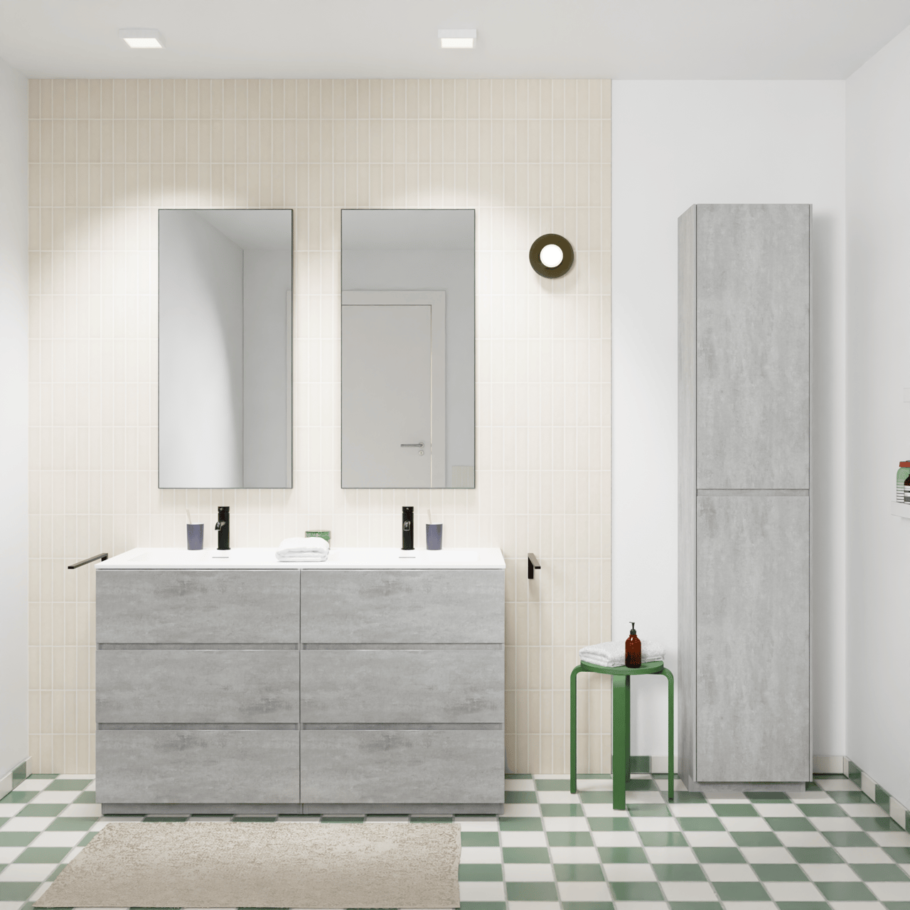 Storke Edge freistehendes Möbelstück Set: 130 x 52 cm, Beton dunkelgrau, mit Mata Doppelwaschtisch, Solid Surface Weiß matt