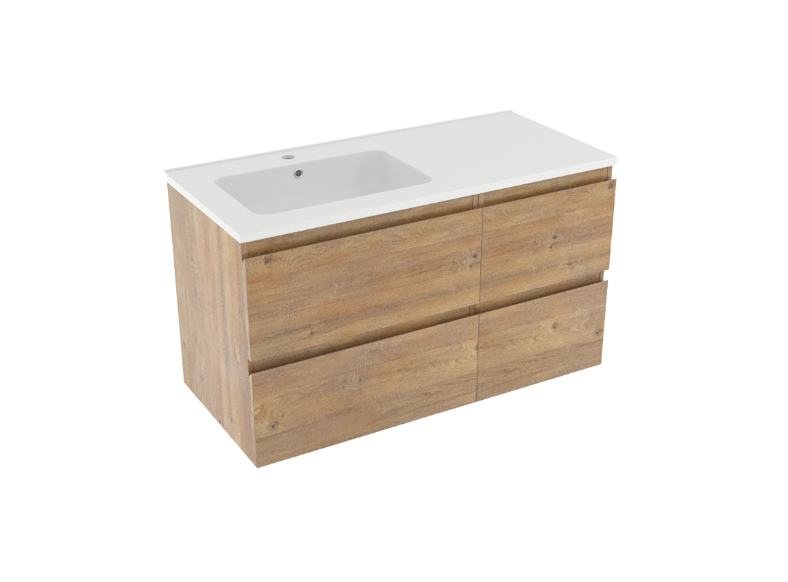 Linie Lado zwevend badkamermeubel 100 x 46 cm natuur eik met Vano asymmetrisch linkse wastafel in composietmarmer mat wit