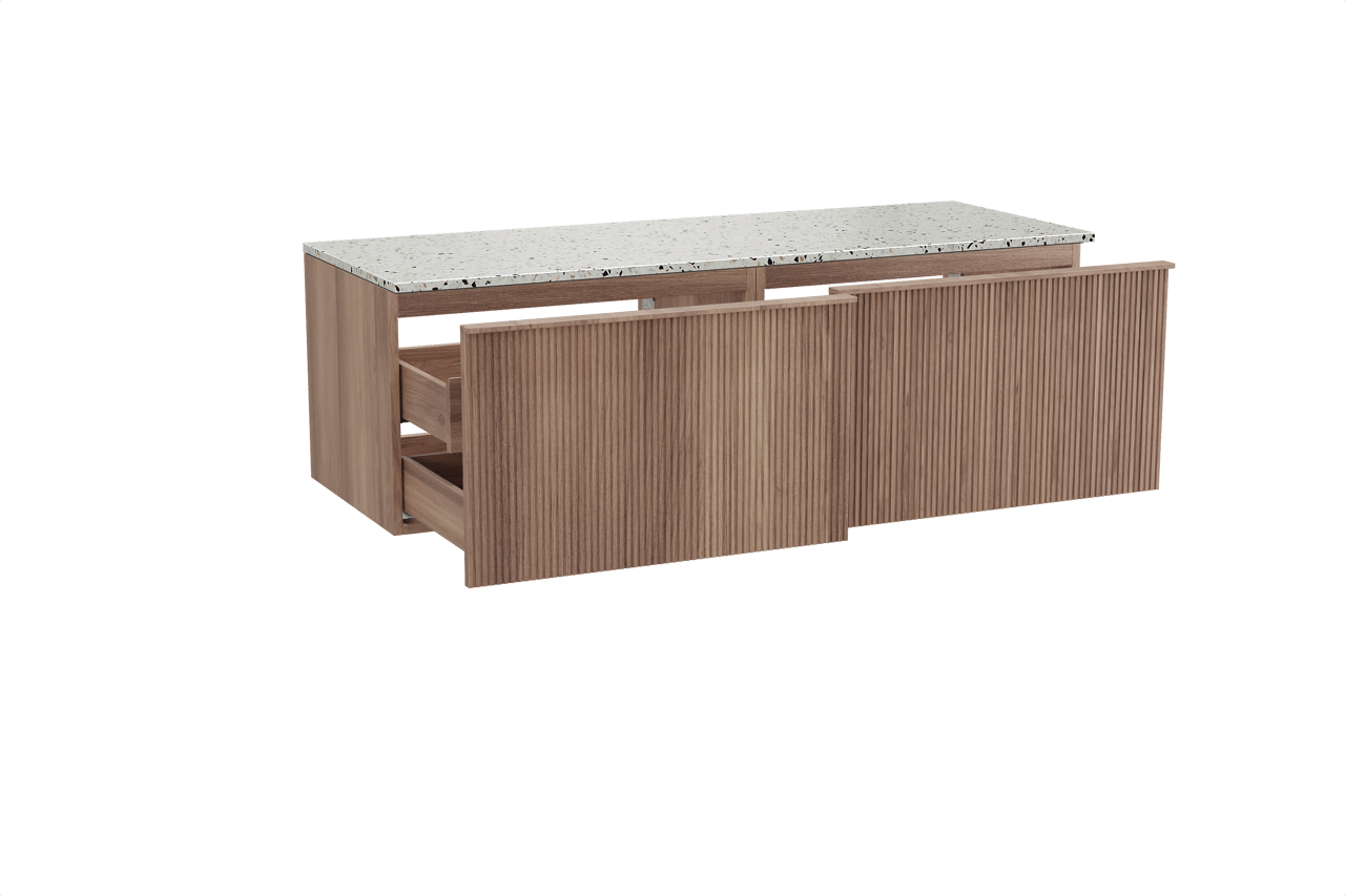 Balmani Forma zwevend badkamermeubel 150 x 55 cm teak met Stretto enkel of dubbel tablet in mat wit/zwart terrazzo, Verticale symmetrische rechte ribbel