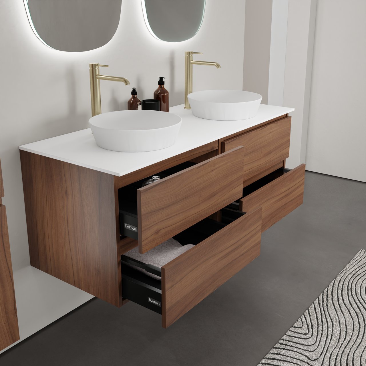 Balmani Lucida meuble salle de bains suspendu 135 x 55 cm noyer américain avec Stretto tablette simple ou double en solid surface blanc mat