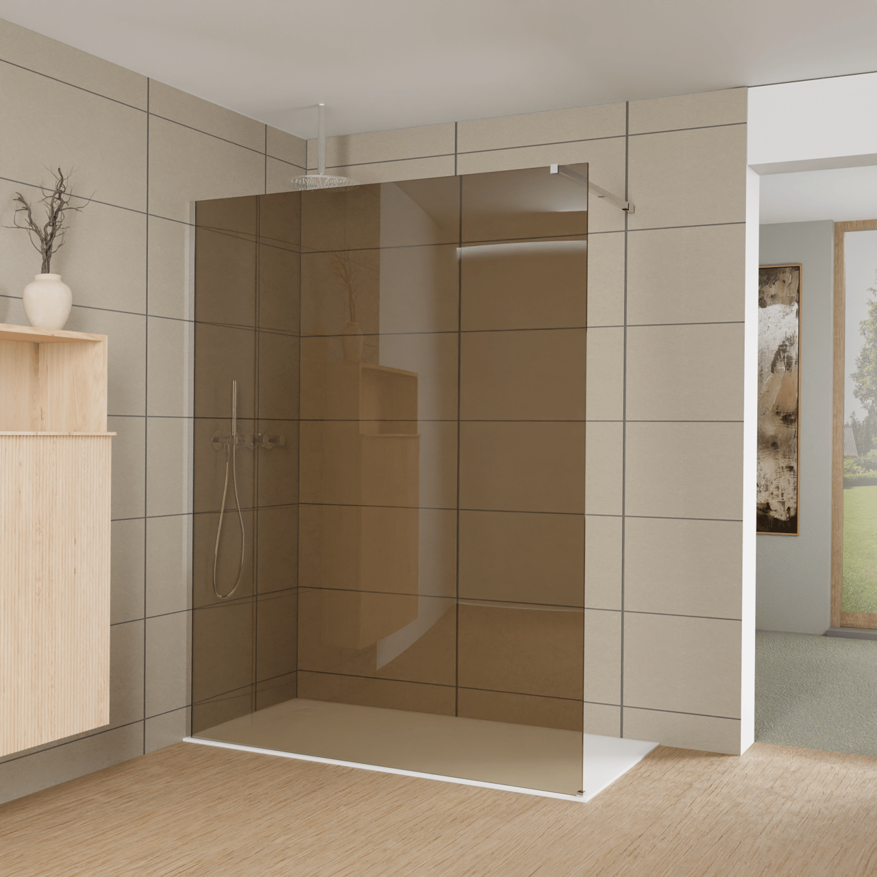 Balmani Modular inloopdouche: 160 x 200 cm, Brons glas, Glanzend chroom profielen