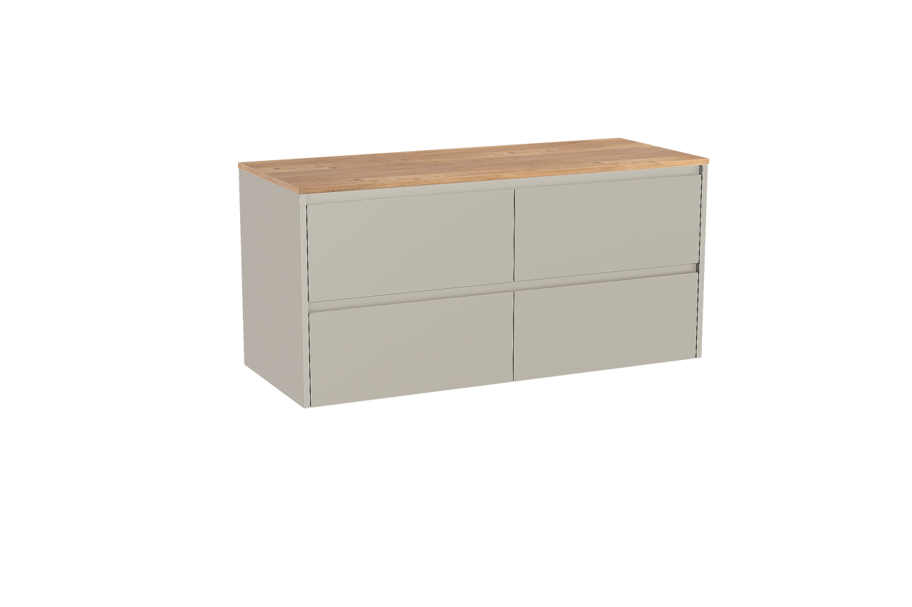 Storke Seda zwevend badkamermeubel 130 x 52 cm zijdegrijs met Panton enkel of dubbel tablet in melamine ruwe eik