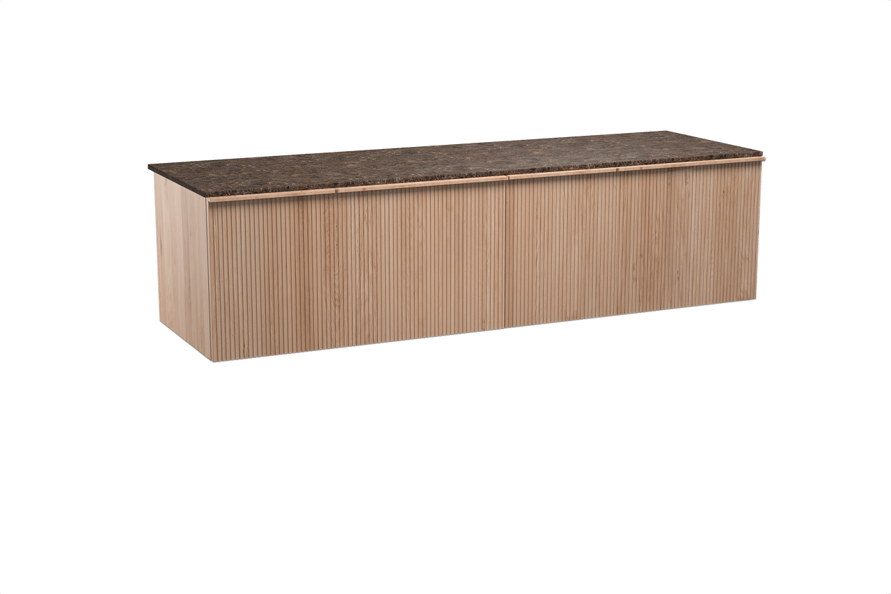 Balmani Forma hängendes Möbelstück Set: 180 x 55 cm, Naturbelassene Eiche, mit Stretto Einzel- oder Doppel Waschtischplatte, Marmor, Dark Emperador, Vertikale symmetrische gerade Rippe