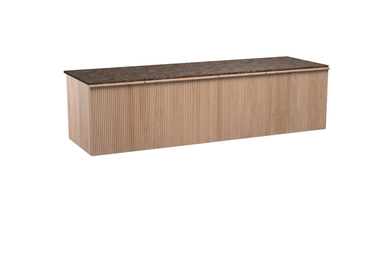 Balmani Forma hängendes Möbelstück Set: 180 x 55 cm, Naturbelassene Eiche, mit Stretto Einzel- oder Doppel Waschtischplatte, Marmor, Dark Emperador, Vertikale symmetrische gerade Rippe