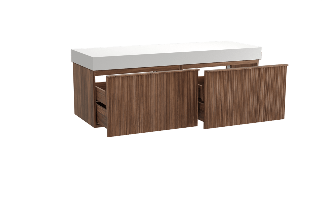 Balmani Forma meuble salle de bains suspendu 150 x 55 cm noyer américain avec Dominus tablette simple ou double en solid surface blanc mat, Nervure circulaire asymétrique verticale