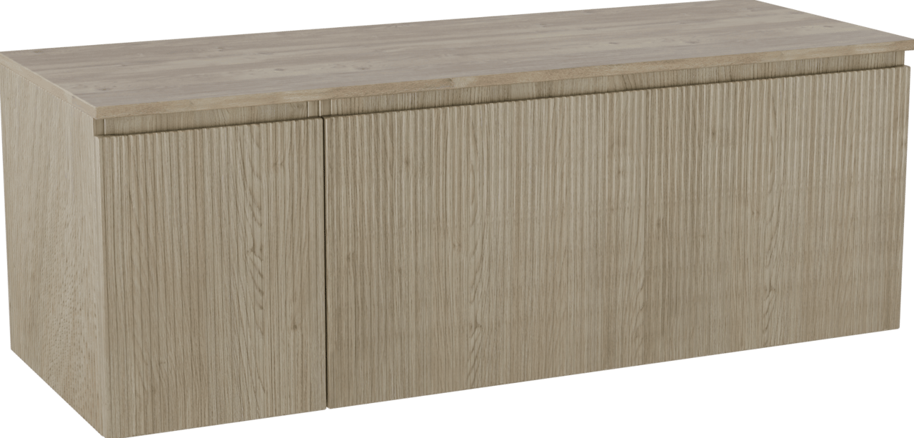 Storke Ribs zwevend badmeubel 140 x 52 cm ruw eiken met Panton enkel of dubbel wastafelblad in melamine ruw eiken, Verticale symmetrische rechte ribbel