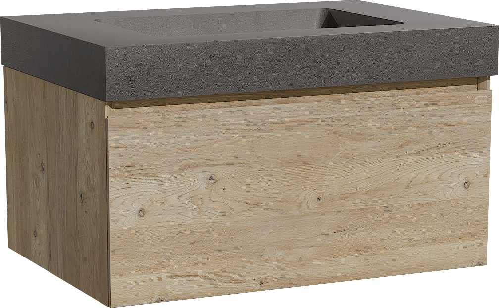 Storke Edge zwevend badmeubel 75 x 52 cm ruw eiken met Scuro High enkele wastafel in kwarts mat zwart