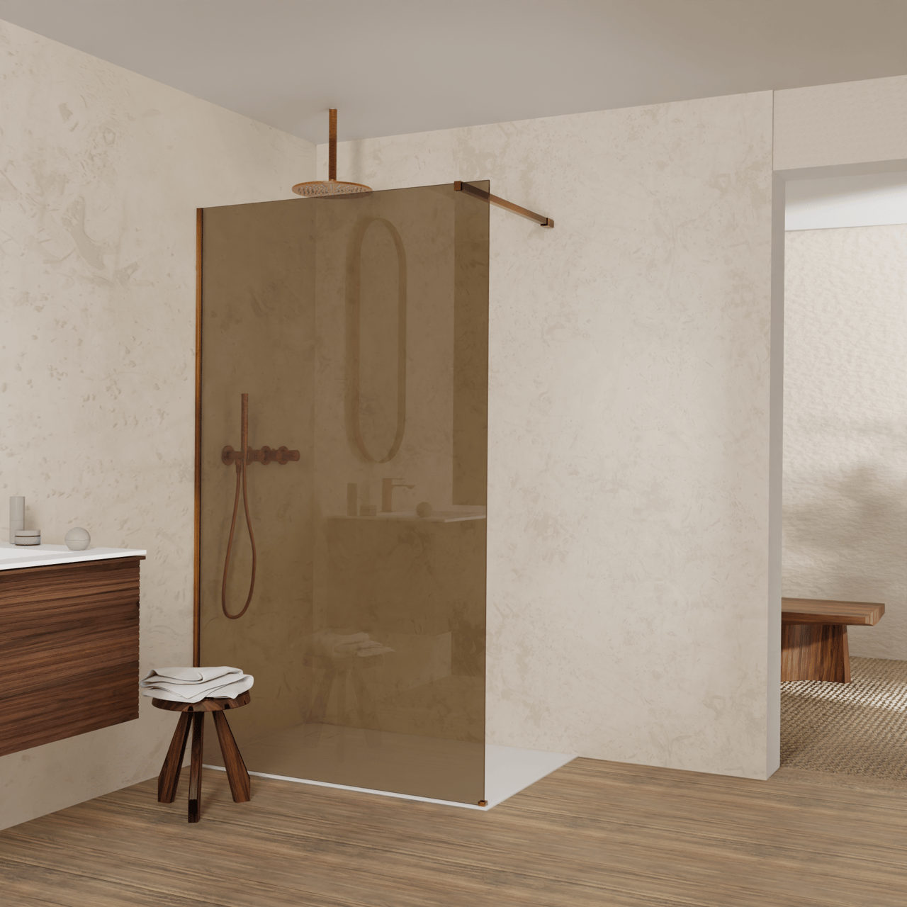 Balmani Modular Walk-In Dusche: 120 x 200 cm, Bronze Glas, inklusive Coating, Profil Brushed Rosegold
