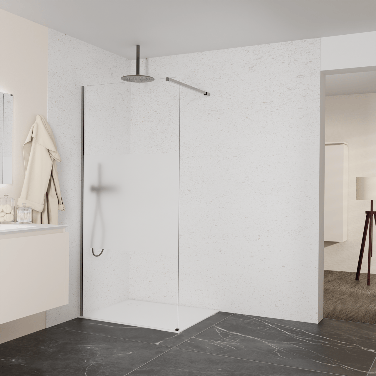Balmani Modular Walk-In Dusche: 100 x 200 cm, Klarglas mit mattiertem Streifen, Profil Brushed GunMetal
