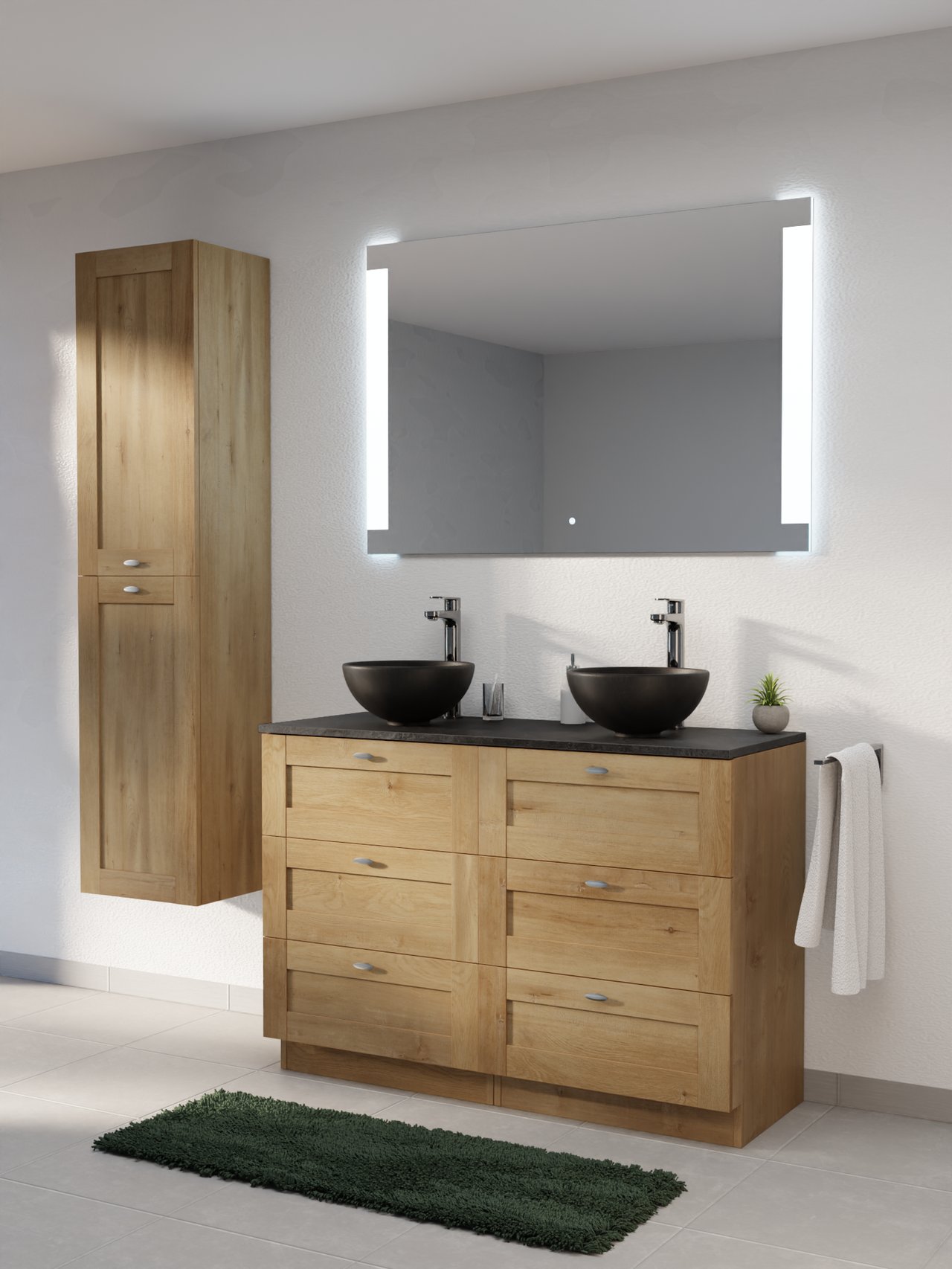 Linie Classo freistehendes Möbelstück Set: 120 x 46 cm, Naturbelassene Eiche, mit Lado Einzel- oder Doppel Waschtischplatte, Melamin Schiefergrau