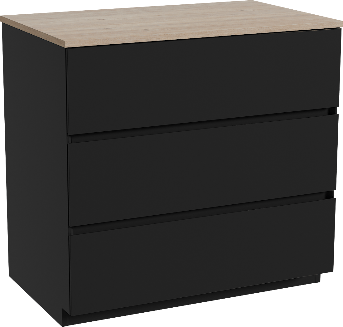 Storke Edge freistehendes Möbelstück Set: 85 x 52 cm, Schwarz matt, mit Panton Einzel Waschtischplatte, Melamin Rohe Eiche