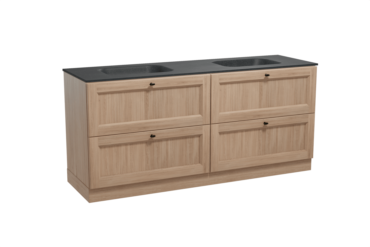 Balmani Lemon freistehendes Möbelstück Set: 180 x 55 cm, Verwitterte Eiche, mit Tablo Arcato Doppelwaschtisch, Schwarzes Granit