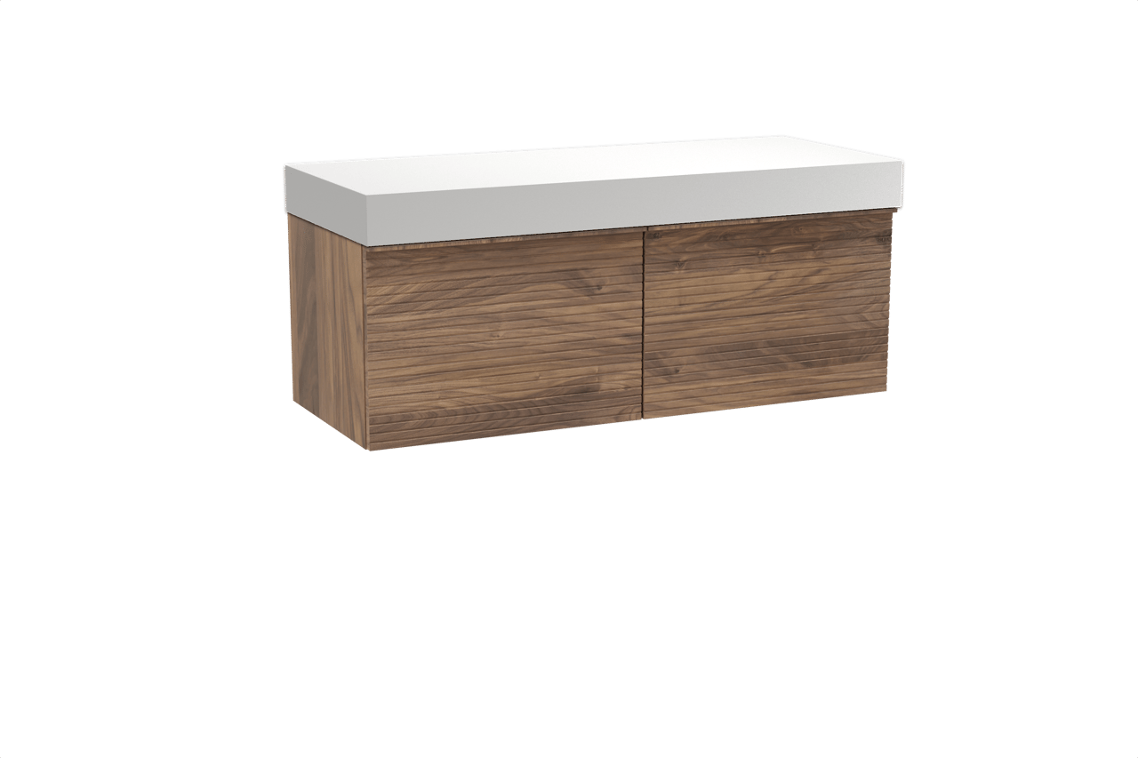 Balmani Forma hängendes Möbelstück Set: 135 x 55 cm, Amerikanischer Nussbaum, mit Dominus Einzel- oder Doppel Waschtischplatte, Solid Surface, Weiß matt, Horizontale symmetrische gerade Rippe